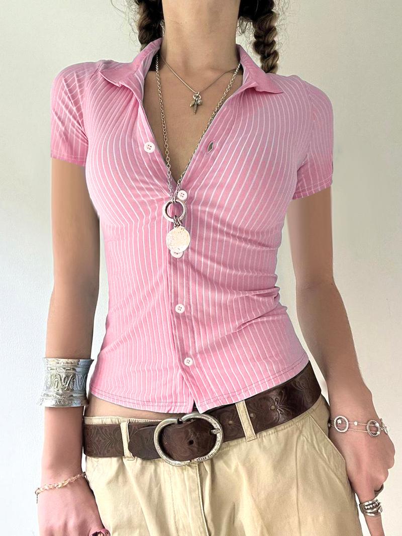 Women's Striped Print Button Front Blouse, Casual Slim-fitting Short Sleeve Shirt for Summer, Ladies Clothes for Daily Wear, Casual Classy Top