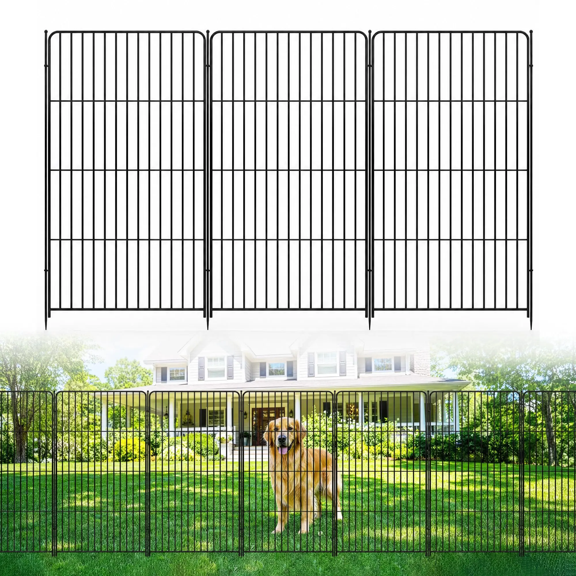 No-Dig Metal Garden Fence Panels - 8 Pack, 48in H x 17.7ft L, Decorative Animal & Dog Barrier with Gate for Outdoor Yard, Patio, Black, Easy Assembly, 8 Pieces with Door