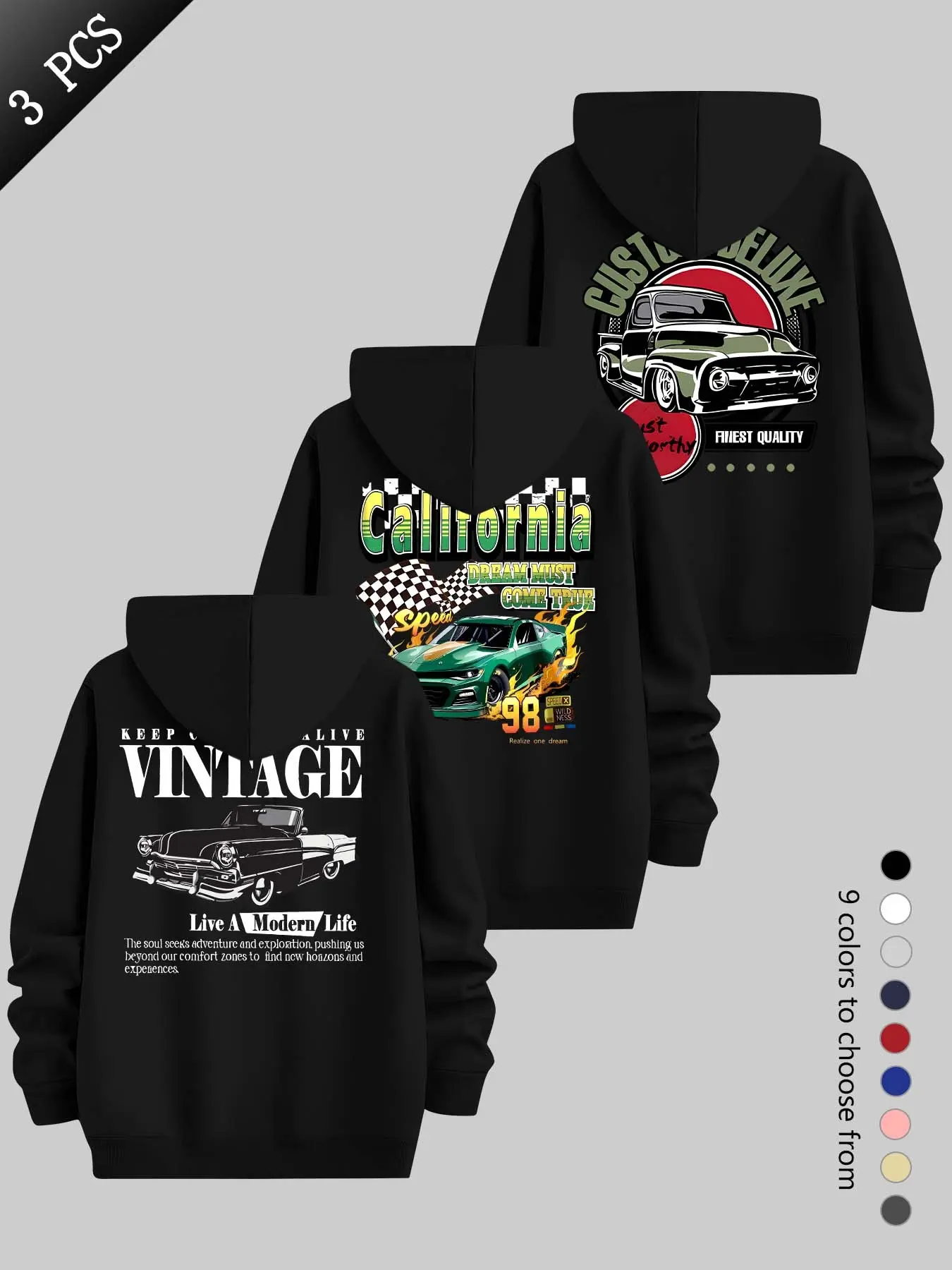 Men's Casual Hooded Sweatshirt, Cool Car Theme Print, Slim-Fit Streetwear, Drawstring Pockets, Long Sleeve, Fall & Winter, Three-Piece Set