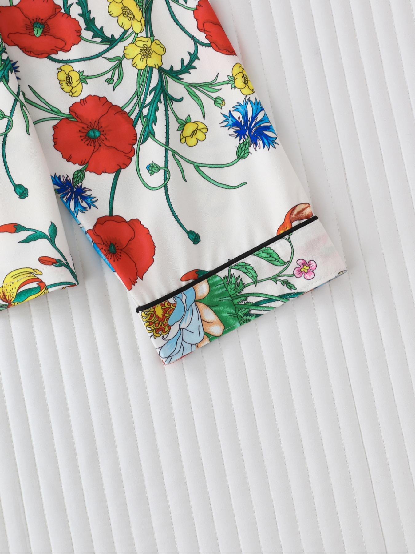 Women's All Over Floral Print Button Front Pocket Shirt & Elastic Waist Pants Pyjama Set, Casual Comfy Two-piece Pj Set, Matching Pj Set, Ladies Sleepwear for All Seasons Pajama Set