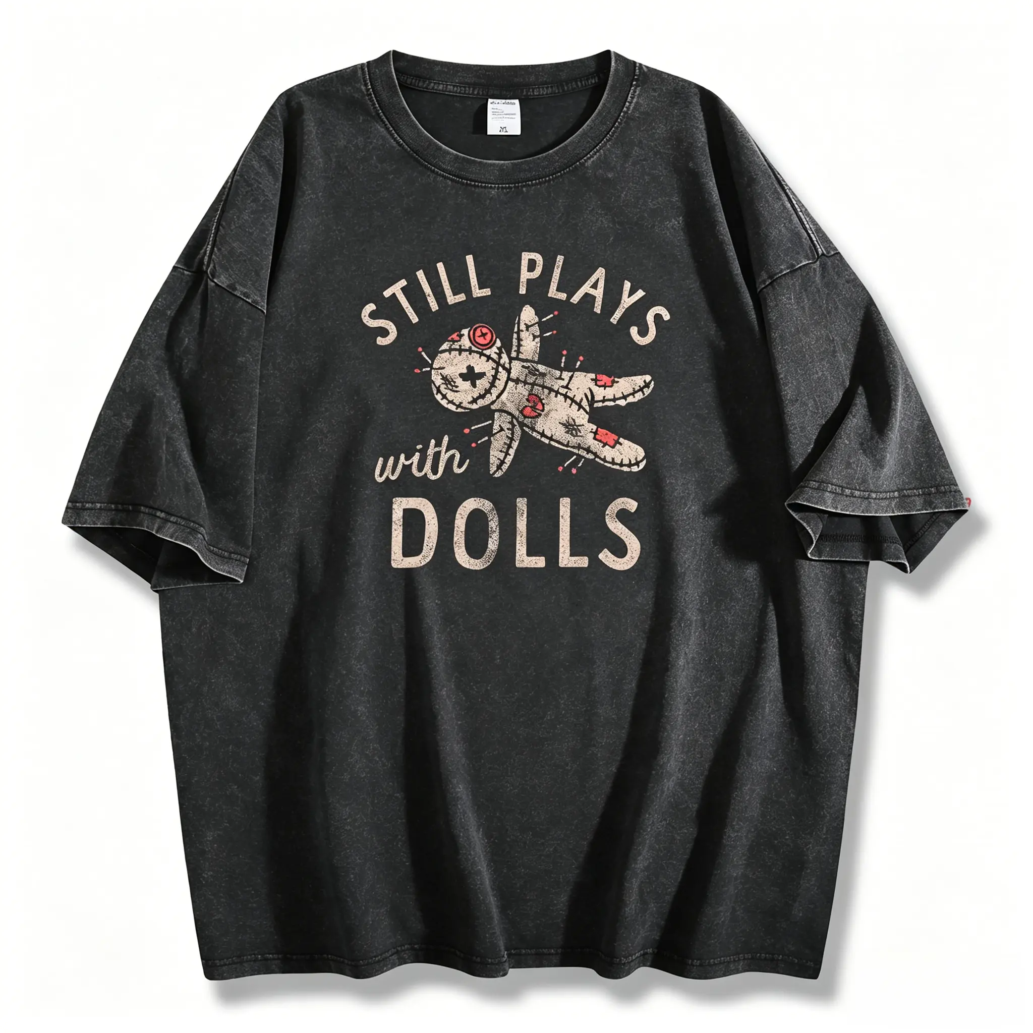 Womens Still Plays With Dolls Funny Creepy Voodoo Curse Tee Cute Vintage Fashion Casual Ladies T-Shirt Gift Halloween Tops Funny Sarcastic Top Women's Novelty Tees Black voodoo doll shirt spooky season tee creepy cute top sarcastic ladies tee vintage hall