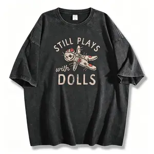 Womens Still Plays With Dolls Funny Creepy Voodoo Curse Tee Cute Vintage Fashion Casual Ladies T-Shirt Gift Halloween Tops Funny Sarcastic Top Women's Novelty Tees Black voodoo doll shirt spooky season tee creepy cute top sarcastic ladies tee vintage hall