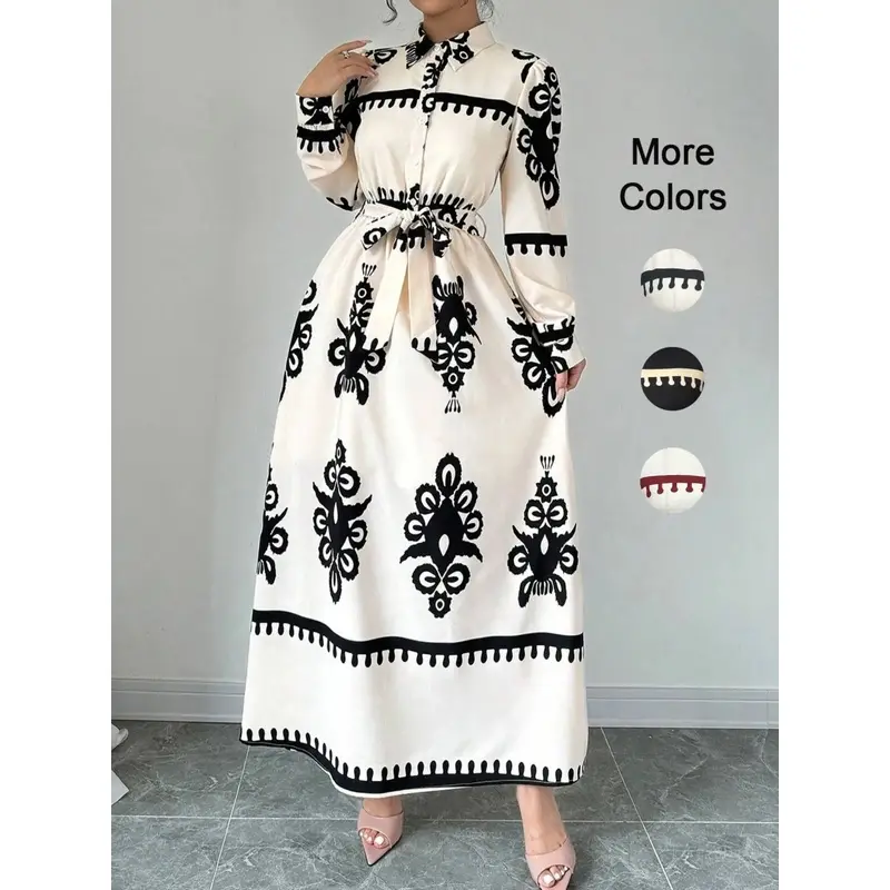 Women's Fashion Casual Wear Commuter Long Sleeve Button Front Shirt Dress with Belt, Classic Boho Design, Geometric Pattern, Spring & Fall