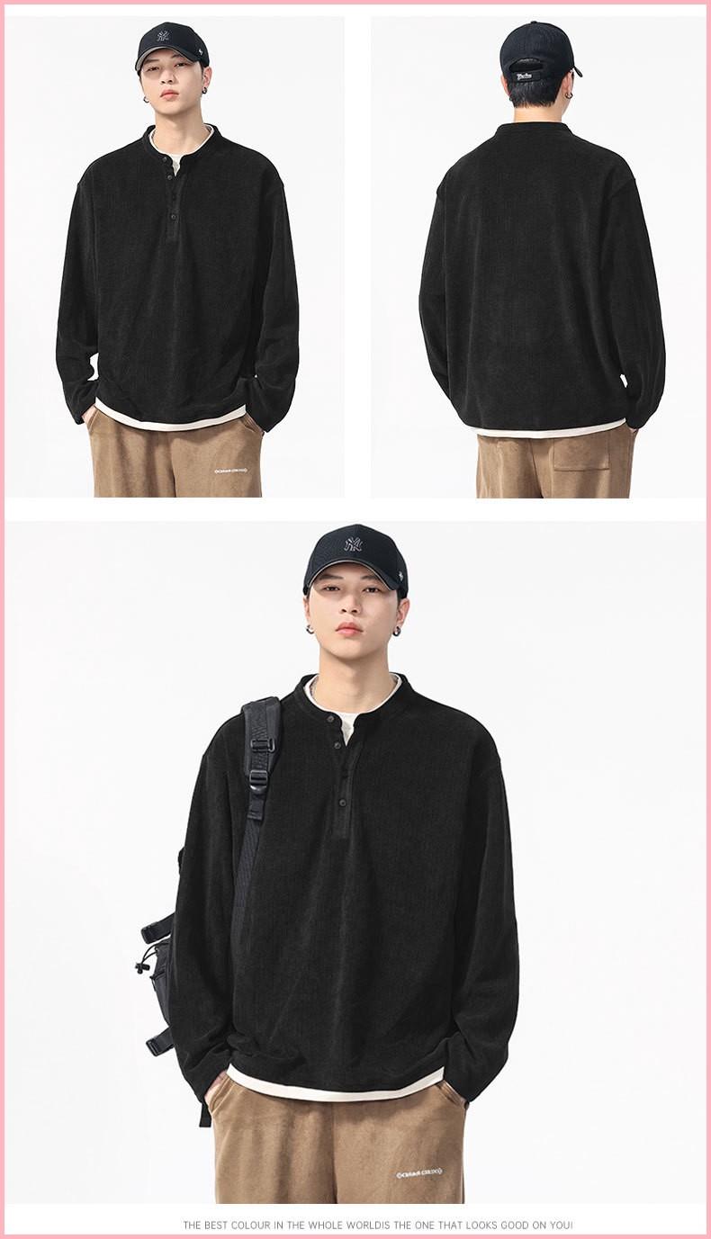 Autumn And Winter New Versatile Casual Fake 2 Pieces Handsome Trendy High Street Henley Collar Long-sleeved T-shirt For Men