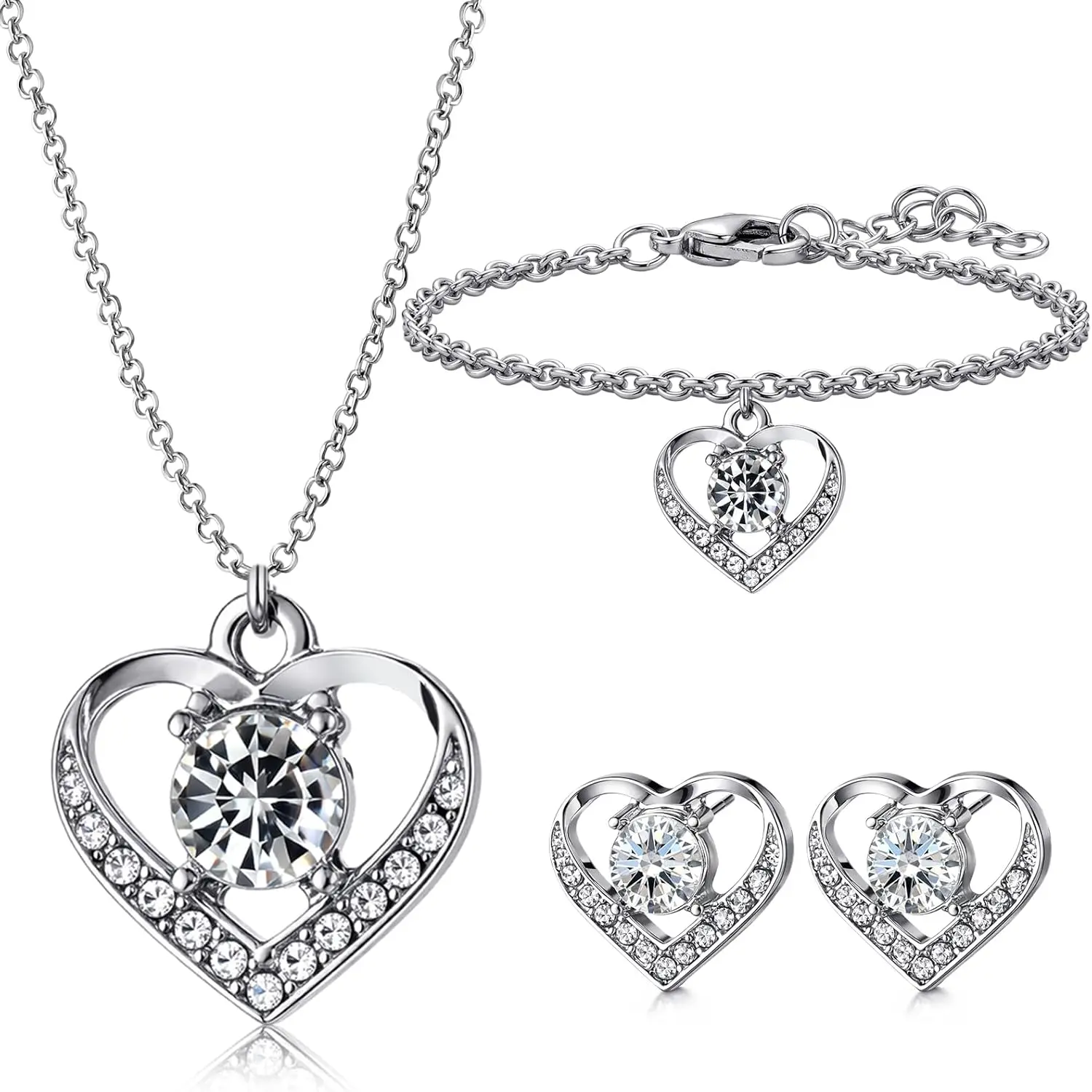 3 Pcs Heart Jewelry Set Bow Jewelry Heart Chain Toggle Necklace with Bracelet Earring Stainless Steel for Women Gift
