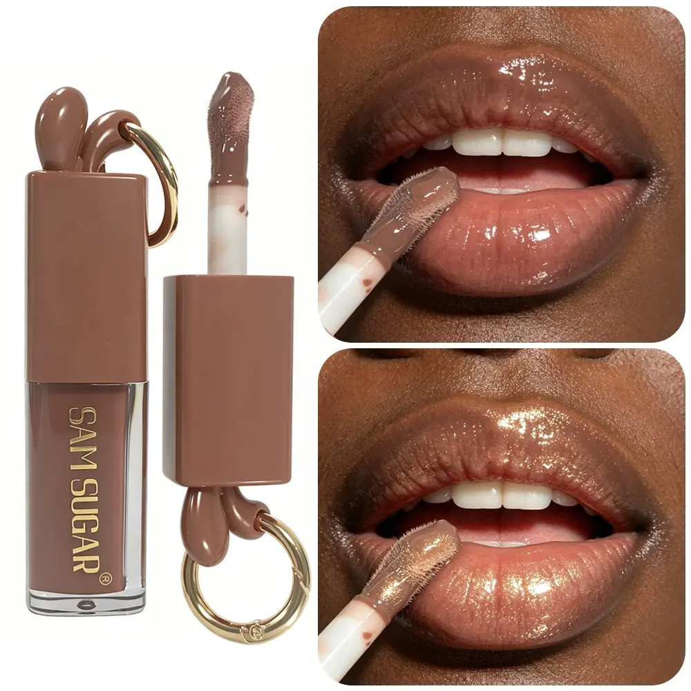 Sam Sugar Bunny Keychain Lip Gloss, High-Shine Moisturizing Nude Lip Oil with Glitter, Hydrating Lip Makeup for Dark Skin Tones, Hydrating Lip Glaze