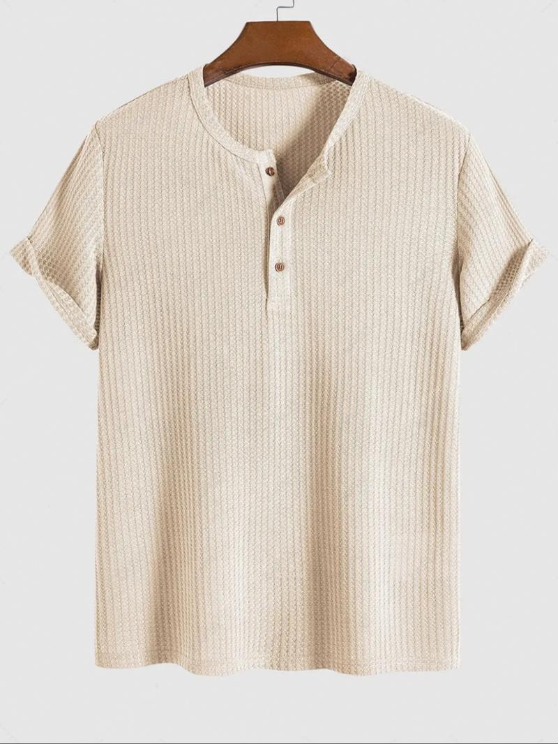 Men's Solid Knit Henley Curved Hem Tee, Regular Fit Casual Short Sleeve T-shirt for Summer, Men's Top for Daily Wear