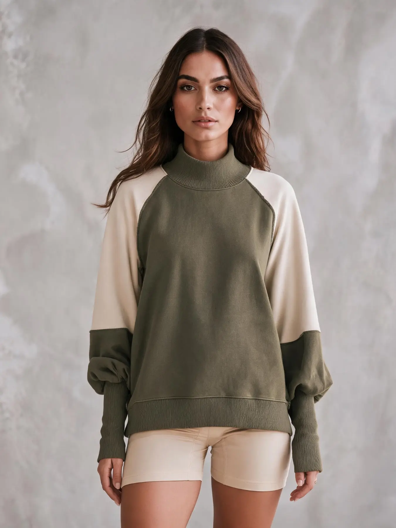 Women's Colorblock High Neck Sweatshirt, Loose Fit Shoulder Puff Sleeve Long Sleeve Pullover, Casual Street Style Top, Versatile Fashion Shirt