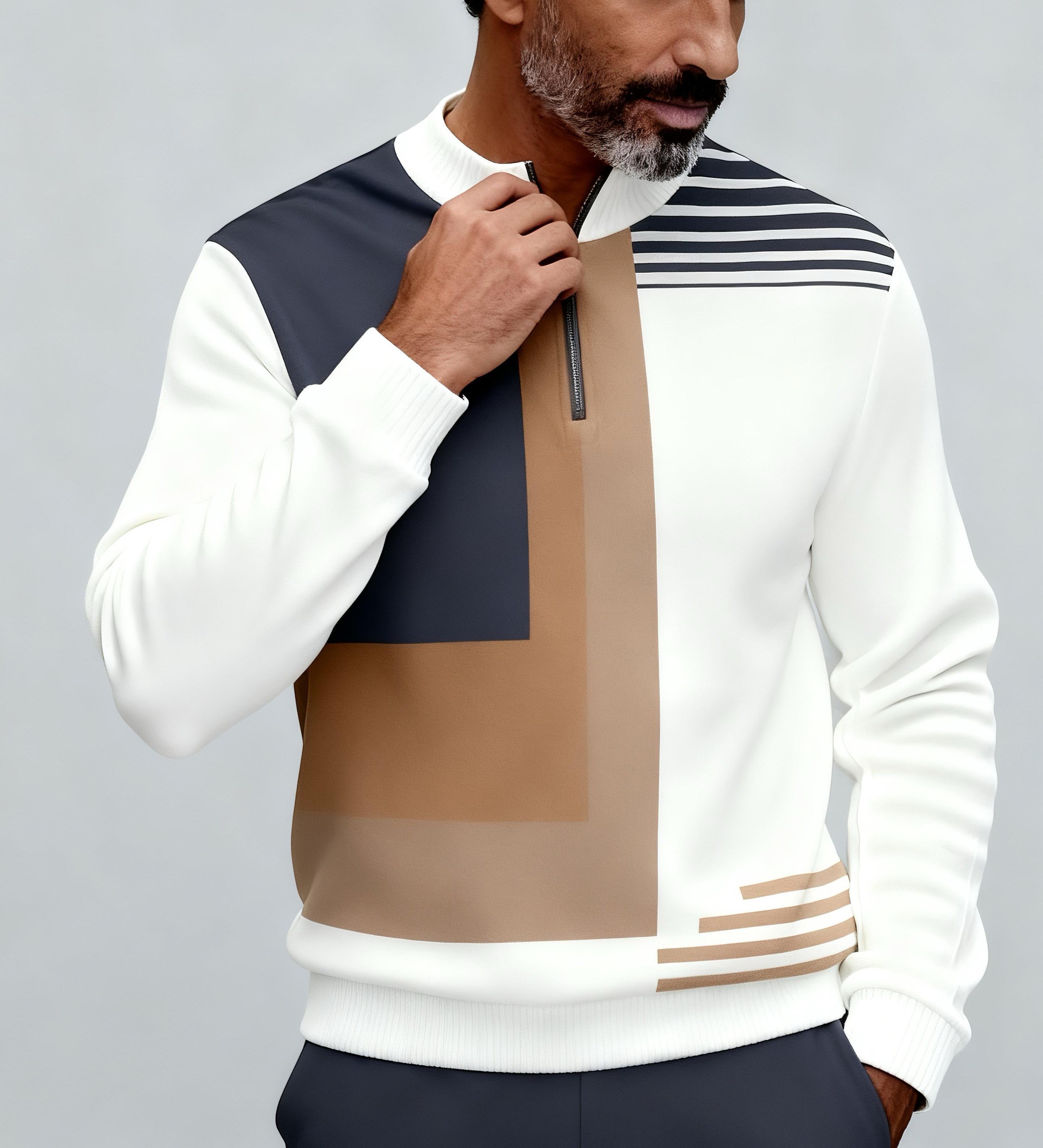 Business casual fashion men's digital printed sportswear set, featuring a street-style patterned digital half-zip sweater + pants, a two-piece men's outfit