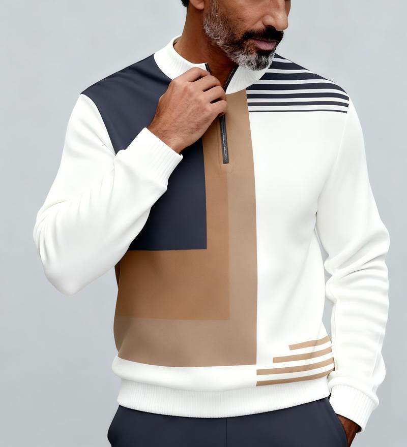 "New European and American men's sportswear set, featuring a half-zipper top paired with matching pants, and a trendy design with a sleeve patch featuring the number 5. The fabric is comfortable, suitable for daily street wear, casual commuting, and effor