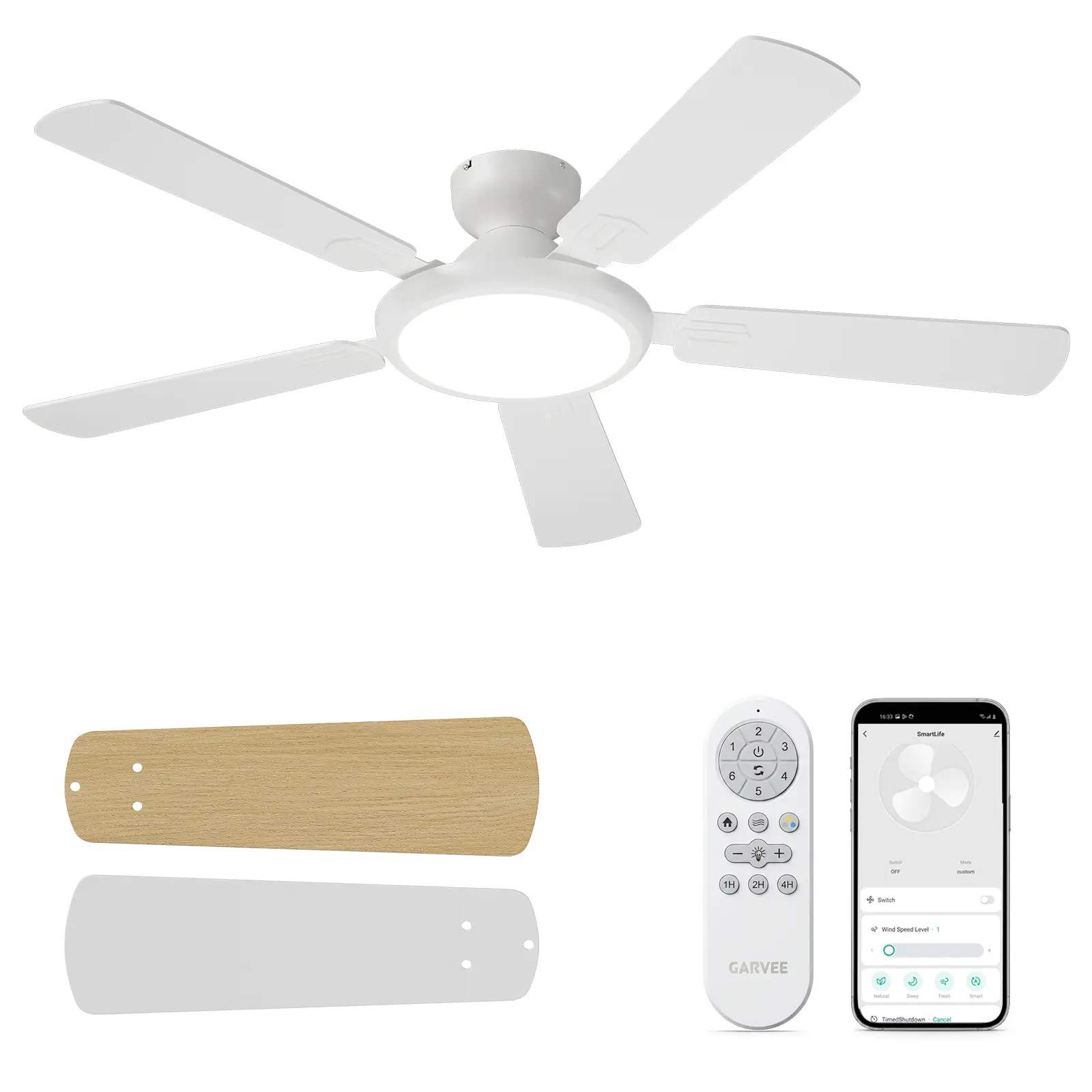 Garvee Intelligent Fan - Indoor Furniture Ceiling Fan with Dimmable LED Light, WiFi remote control Quiet Reversible DC Motor, Low Profile Flush Mount Design, Energy Saving Indoor Ceiling Fan for Bedroom, Living Room, Kitchen, Dining Room & Patio