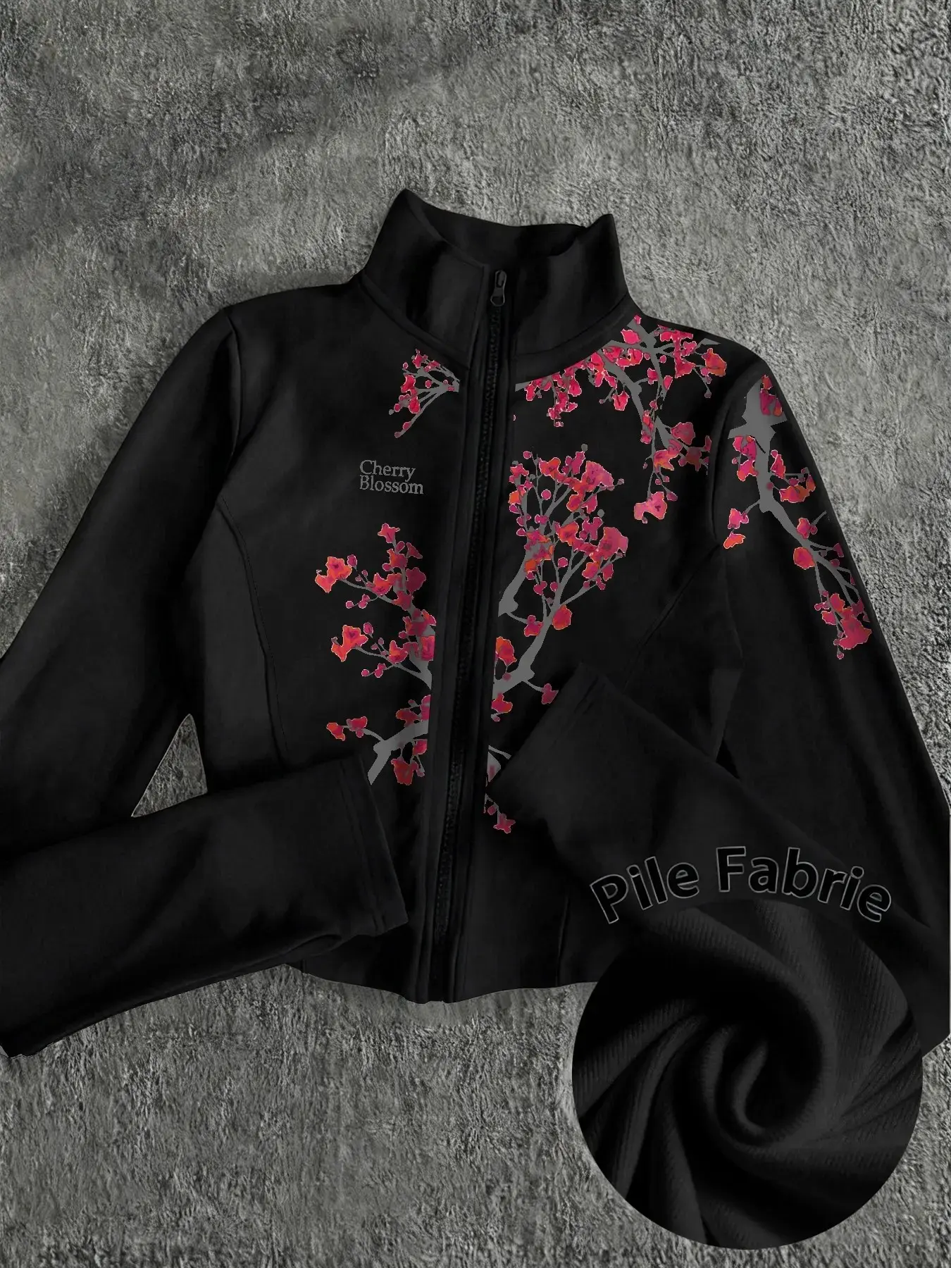 New Traditional Style Cherry Blossom Print Short Coat for Women, Stand Collar Zipper Slim Fit Short Cardigan Top, Trendy Sexy Look