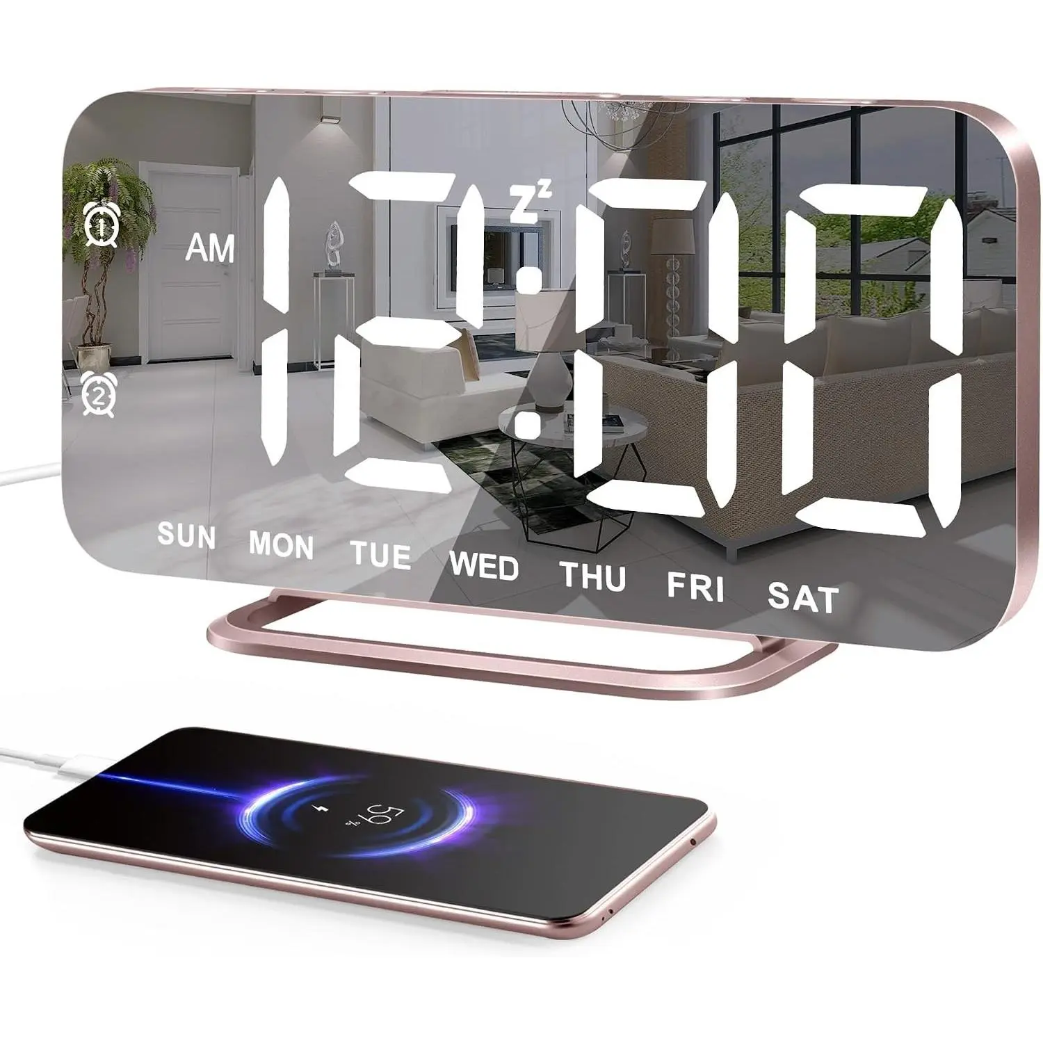 Slim LED Digital Alarm Clock with Makeup Mirror Surface, Dimming, Large Display, Easy Setting, USB Ports, Modern Decor for Bedroom Desk, Christmas Birthday Gift for Women Sister Mom, Pink
