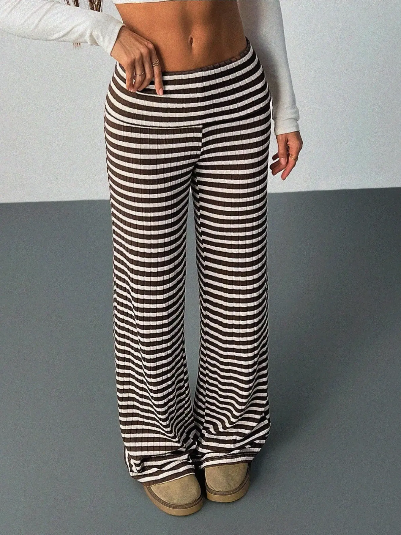 Meadow Vintage Striped Knit Bell Bottom Pants, High Waist Stretch Tight Fit Slimming Versatile Casual Floor-Length Trousers
