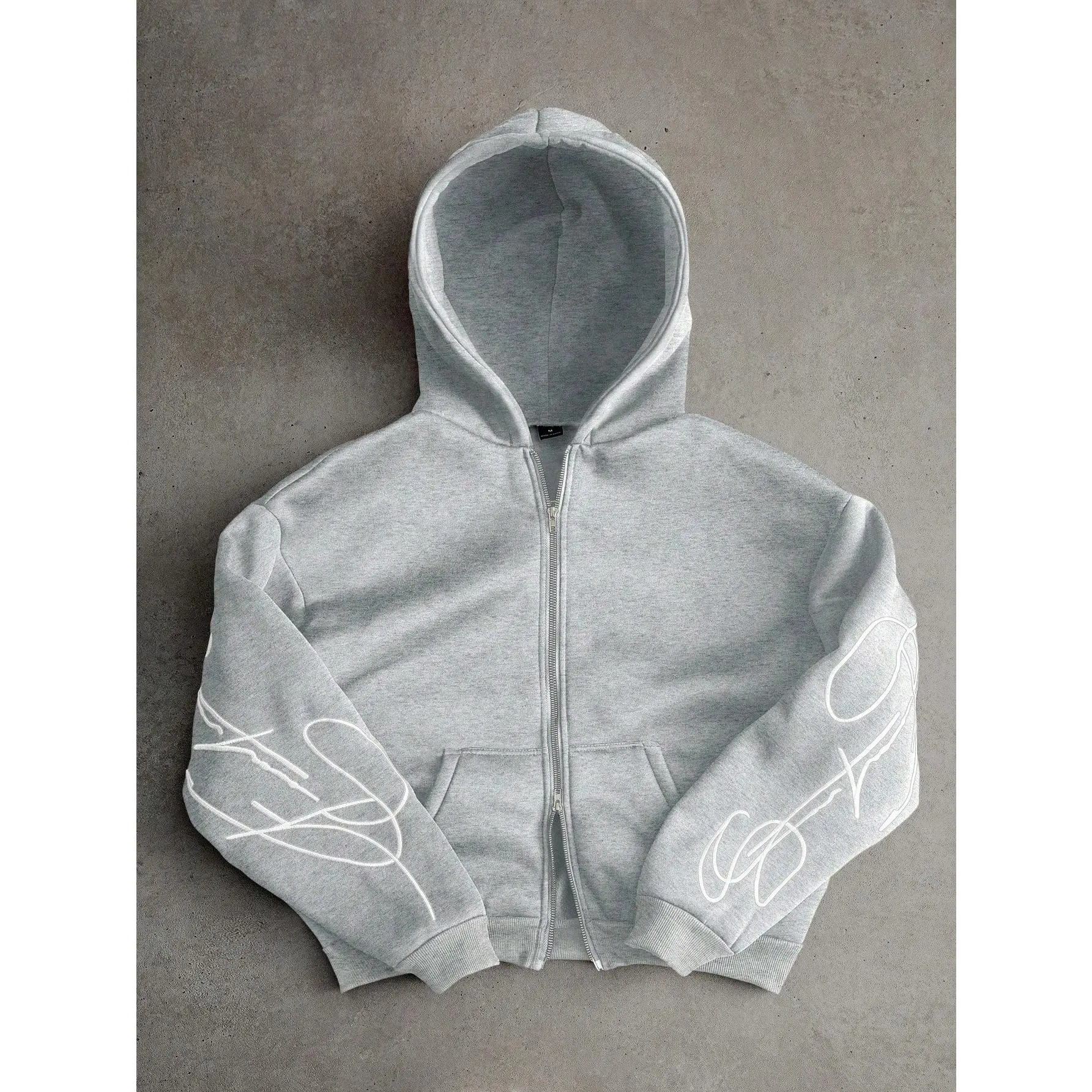 Men's White Creative Text Graphic Embroidered Metal Zipper Hoodie, Black