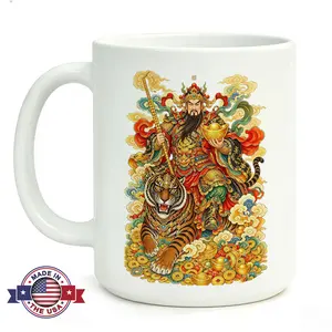 Chinese Martial Wealth God Mug 11oz Ceramic Feng Shui Tiger Cup Traditional Asian Prosperity Art Good Luck Gift for Men Success Protection