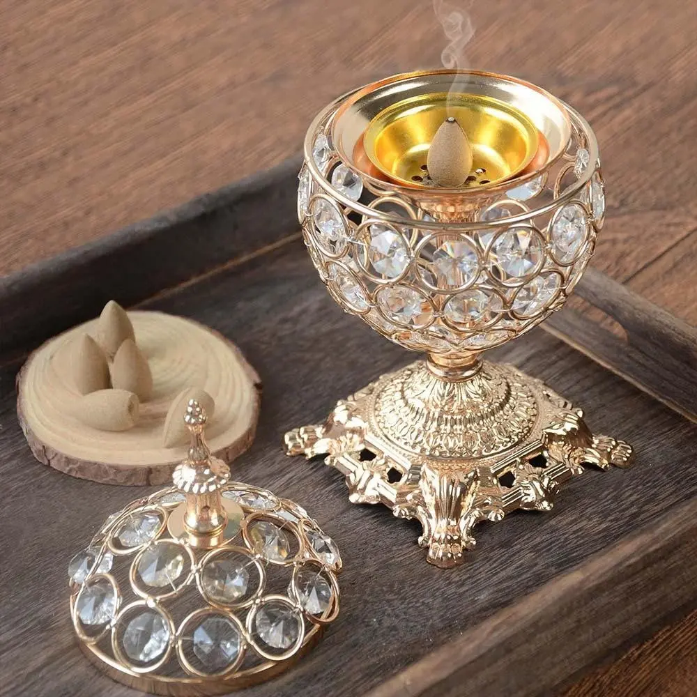 Creative Hollow Metal Incense Burner, Elegant Carved Design, Crystal and Metal Combination, Luxury Cone Incense Holder, Desktop Fragrance Diffuser, Home Fragrance