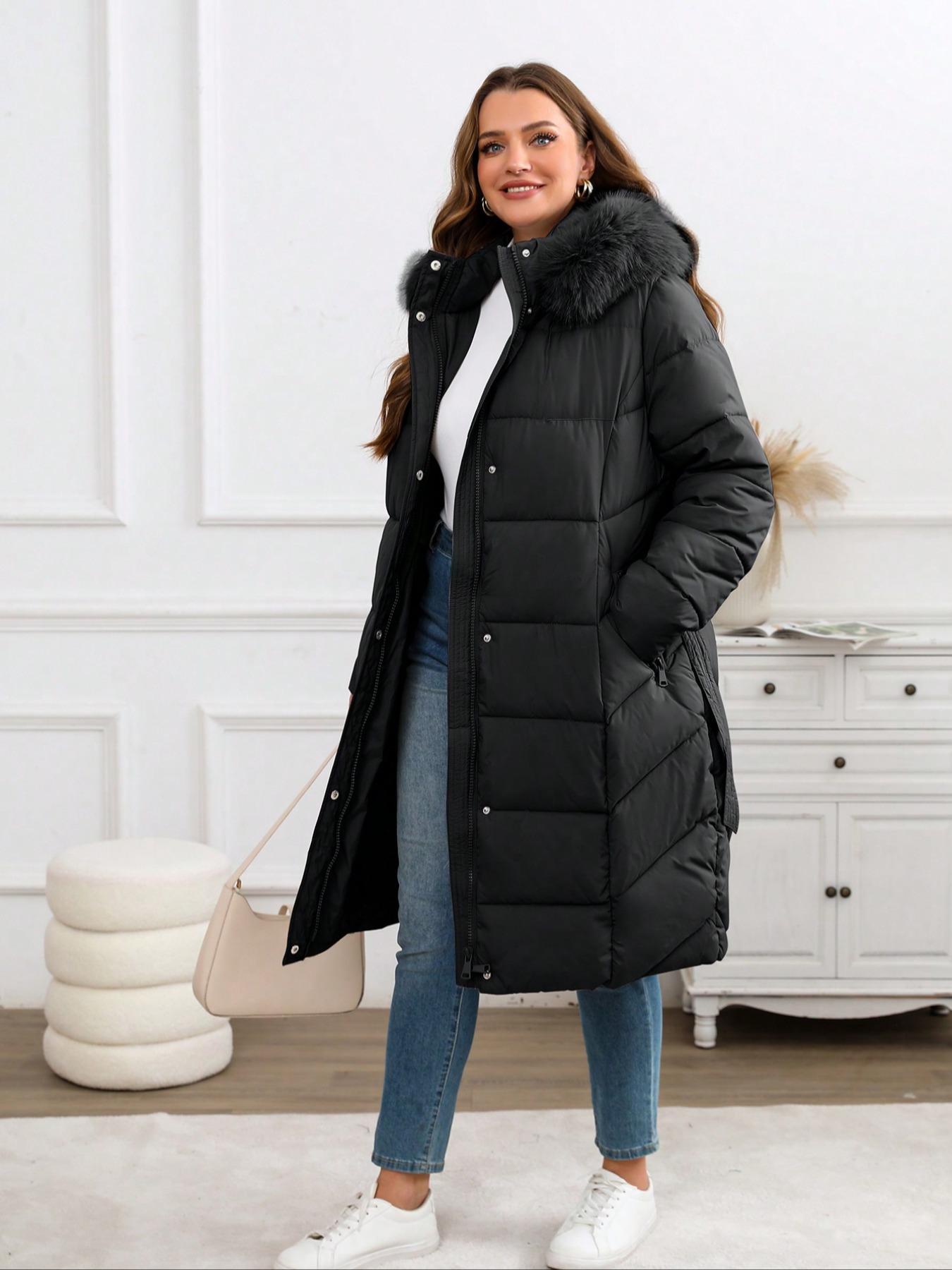 Women's Winter Cotton Jacket, Hooded Long Sleeve Warm Coat, Fitted Plain Style, Fall & Winter Fashion, Includes Belt