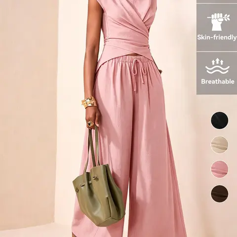 Women's Two-Piece Cross Top and Pants Set, Summer Sleeveless Loose Fit Comfortable Casual Wear for Daily Use Outfit
