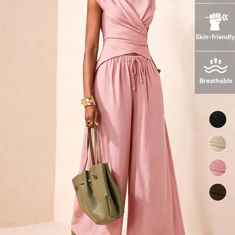 Women's Two-Piece Cross Top and Pants Set, Summer Sleeveless Loose Fit Comfortable Casual Wear for Daily Use Outfit