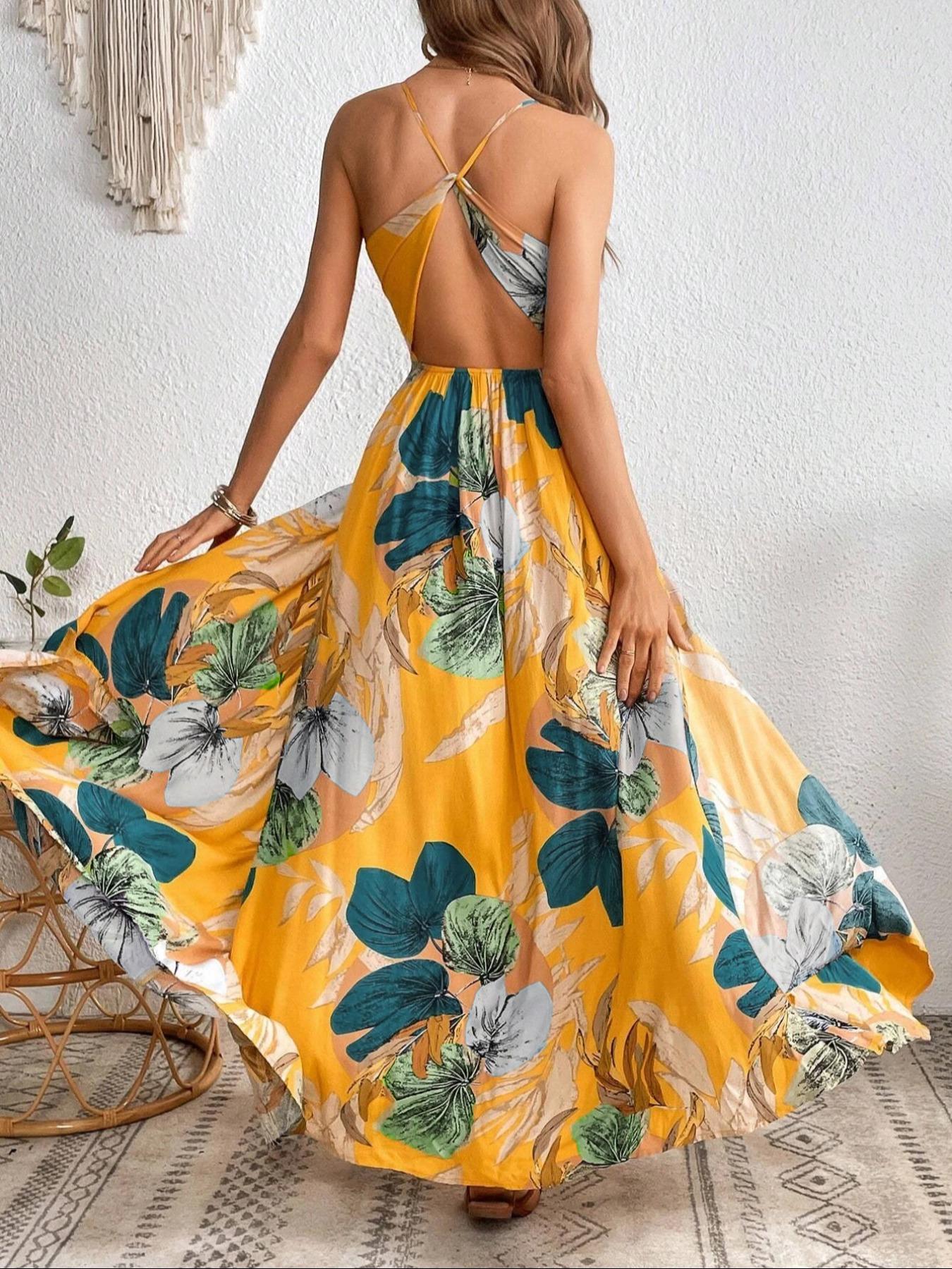 Women's Tropical Print Split Thigh Dress, Backless Hollow Out Design, Summer Vacation Perfect, Fitted Sleeveless Bohemian Boho Style