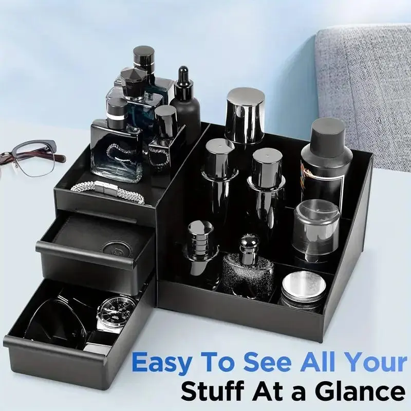 Men's Perfume Organizer Box, Cologne Organizer, Multiple Compartments Cosmetic Storage, Bathroom Vanity Tray, Modern Aesthetic Plastic Holder, Compartmentalized Organizers, Durable Storage Organizer