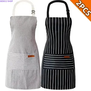 2 Pack Black & White Striped Cooking Aprons, Adjustable Unisex Chef Apron with Front Pockets, Durable Kitchen Accessory Perfect for Baking, Grilling and Household Chores