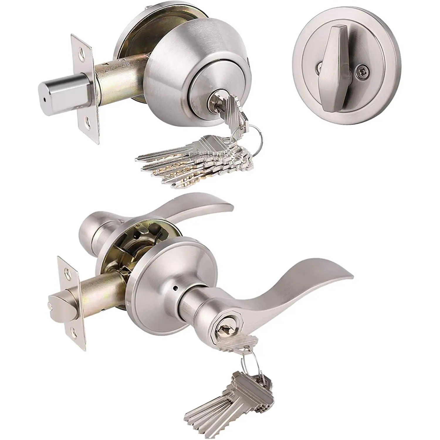 Gobrico Zinc Alloy Keyed Alike Exterior Entry Lockset Kit - Single-Cylinder Deadbolt, Wave Handle, Square Corner, Satin Nickel Finish for Standard Doors, 1 Pack