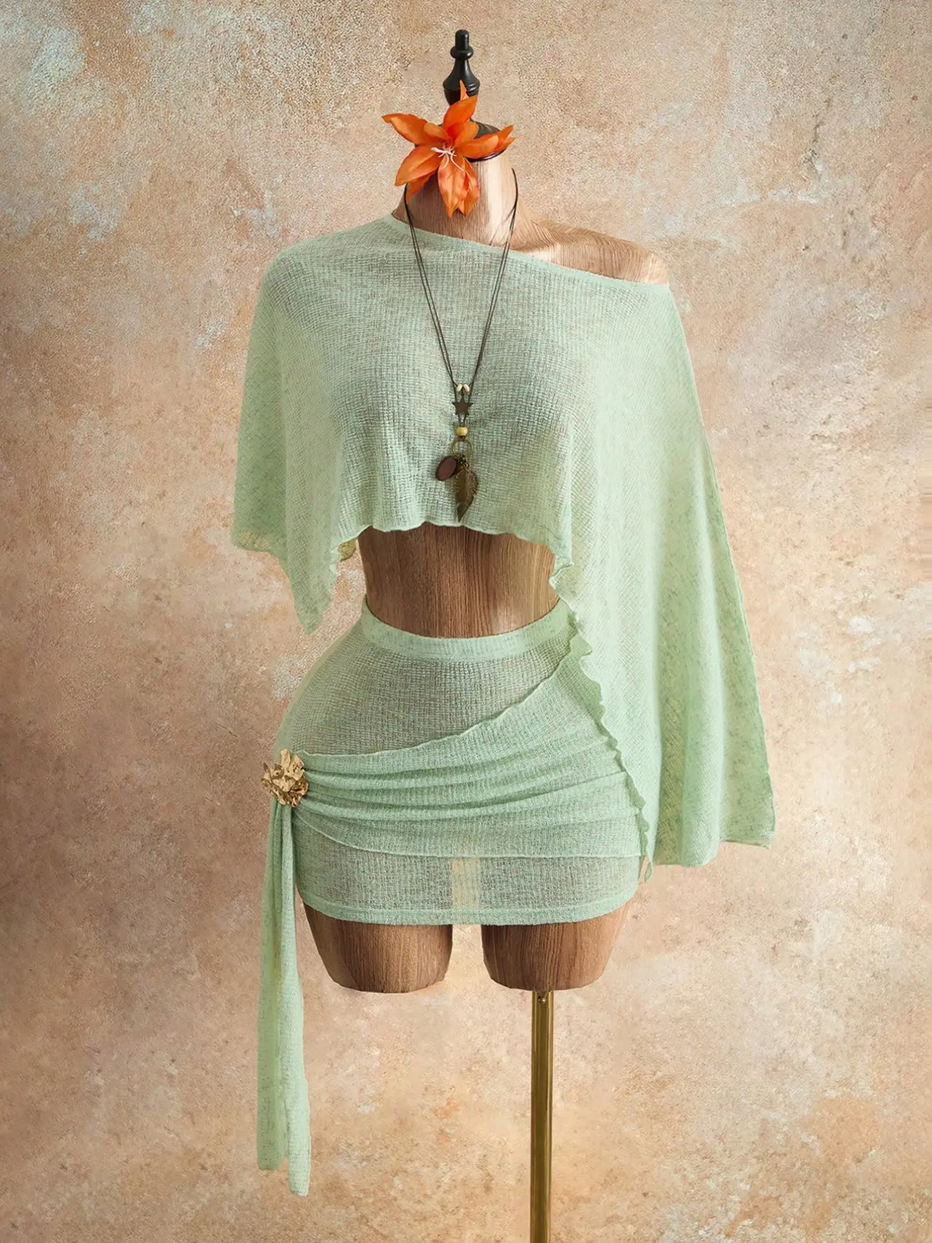 Women's Sheer Lightweight Knit Casual Asymmetrical Shoulder Batwing Sleeve Top + Side Pleated Tie Ultra-Short Skirt Two-Piece Sheer Ruched Set, Beach Vacation, Beach Outfit Set, Casual Everyday Set