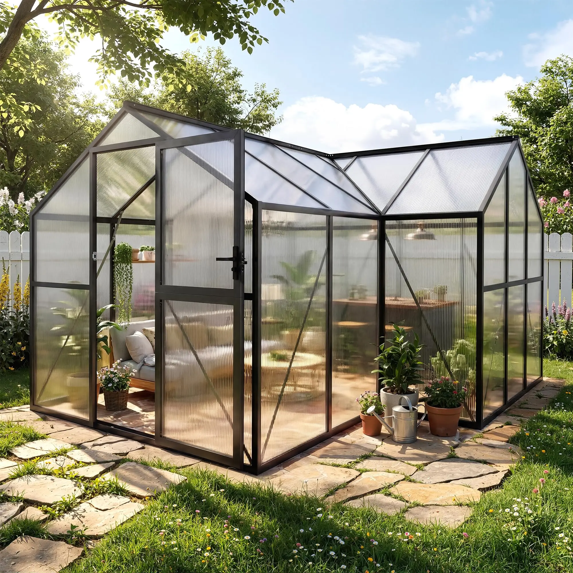 12x12 FT T-Shape Greenhouses, Greenhouse for Outdoors with Polycarbonate Panel, Adjustable Vent, Heavy Duty Green House with Aluminum Frame, Quick-Install Design for Backyard, Garden, Patio