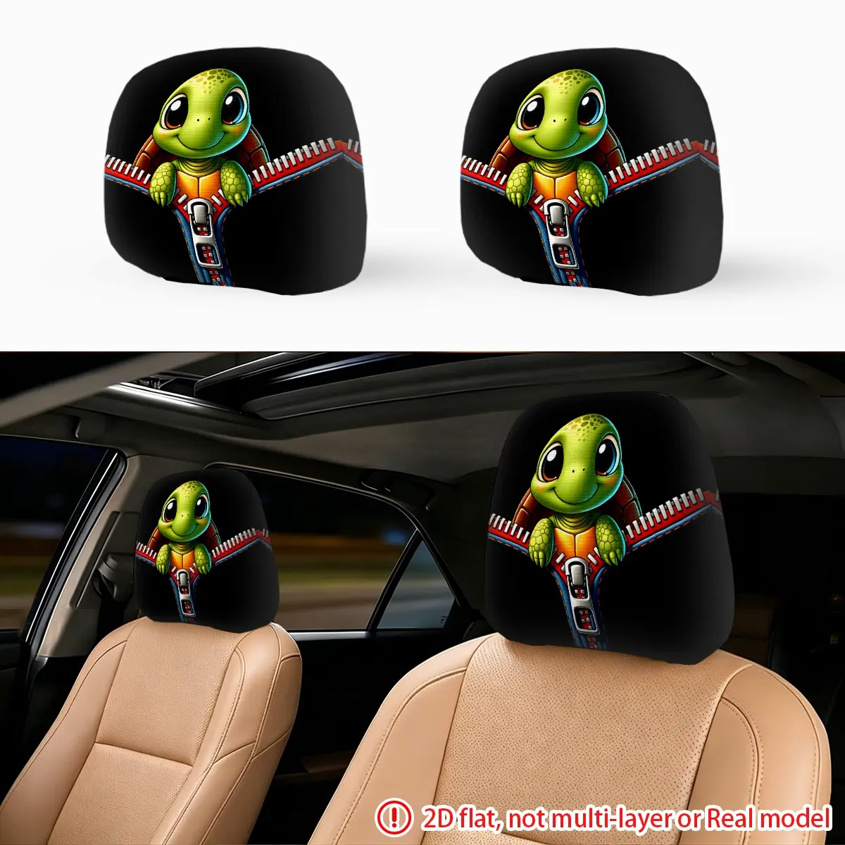 2pcs zipper shaped cartoon turtle avatar car seat pillowcase, car head pillowcase, stylish and durable design, universal and applicable