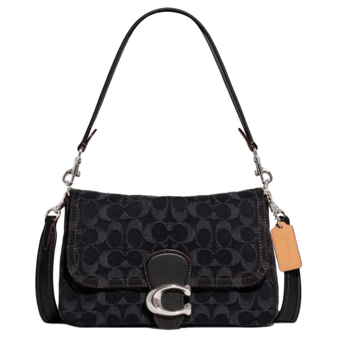 COACH Soft Tabby 26 Classic Monogram Jacquard Satchel with Caramel Snap-Flap Closure, Fabric-and-Leather Trim, Crossbody Shoulder Bag for Women in Black
