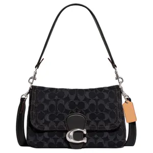 COACH Soft Tabby 26 Classic Monogram Jacquard Satchel with Caramel Snap-Flap Closure, Fabric-and-Leather Trim, Crossbody Shoulder Bag for Women in Black