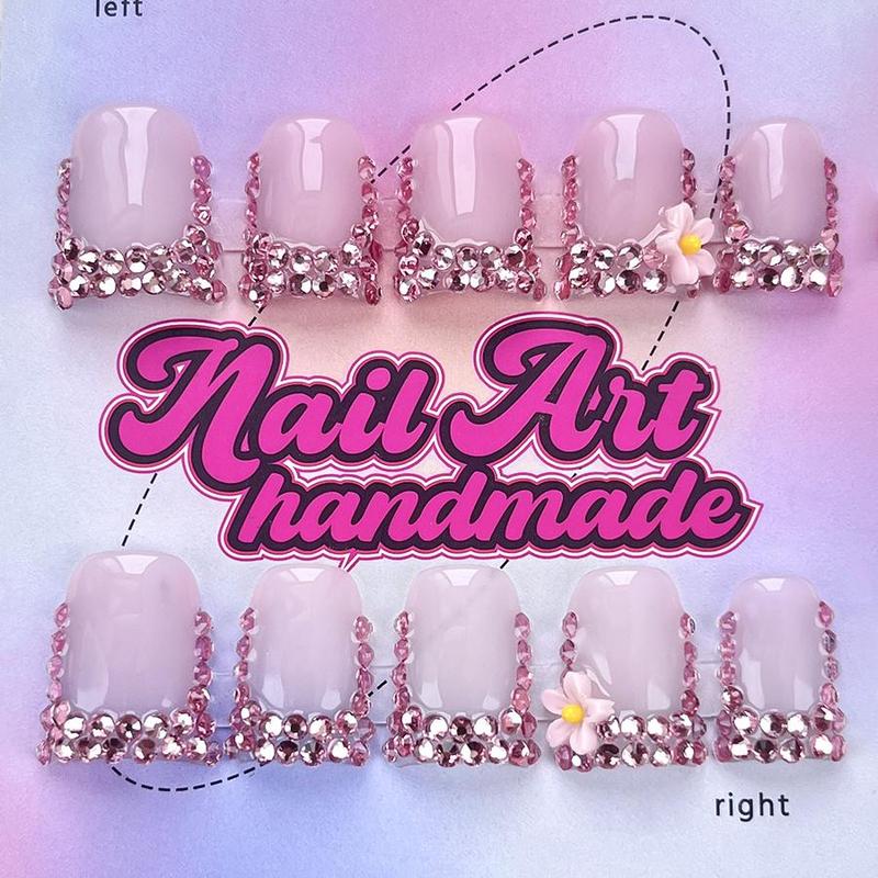 Rhinestone Decor Fake Nails with Nail File & Tape, 10pcs/set Glossy False Nails for Women Girls Nail Art, Effortless Press on Nails Manicure Set, Glitter Nails Art Kit