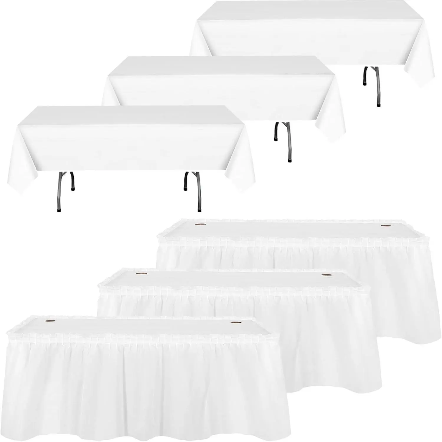 Oudain 6 Pcs Plastic Table Skirts and Stainproof Table Cloths 54 x 108 in Plastic Ruffle Tablecloth 168 x 29 Inches Disposable for Wedding Baby Shower Valentine Spring Easter Party(White)
