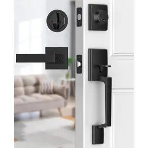 Black Front Door Handle, Matte Black Exterior Door Handle with Door Lever, Modern Front Door Lock Set, Adjustable Deadbolt with Single Cylinder, Reversible  Right&Left
