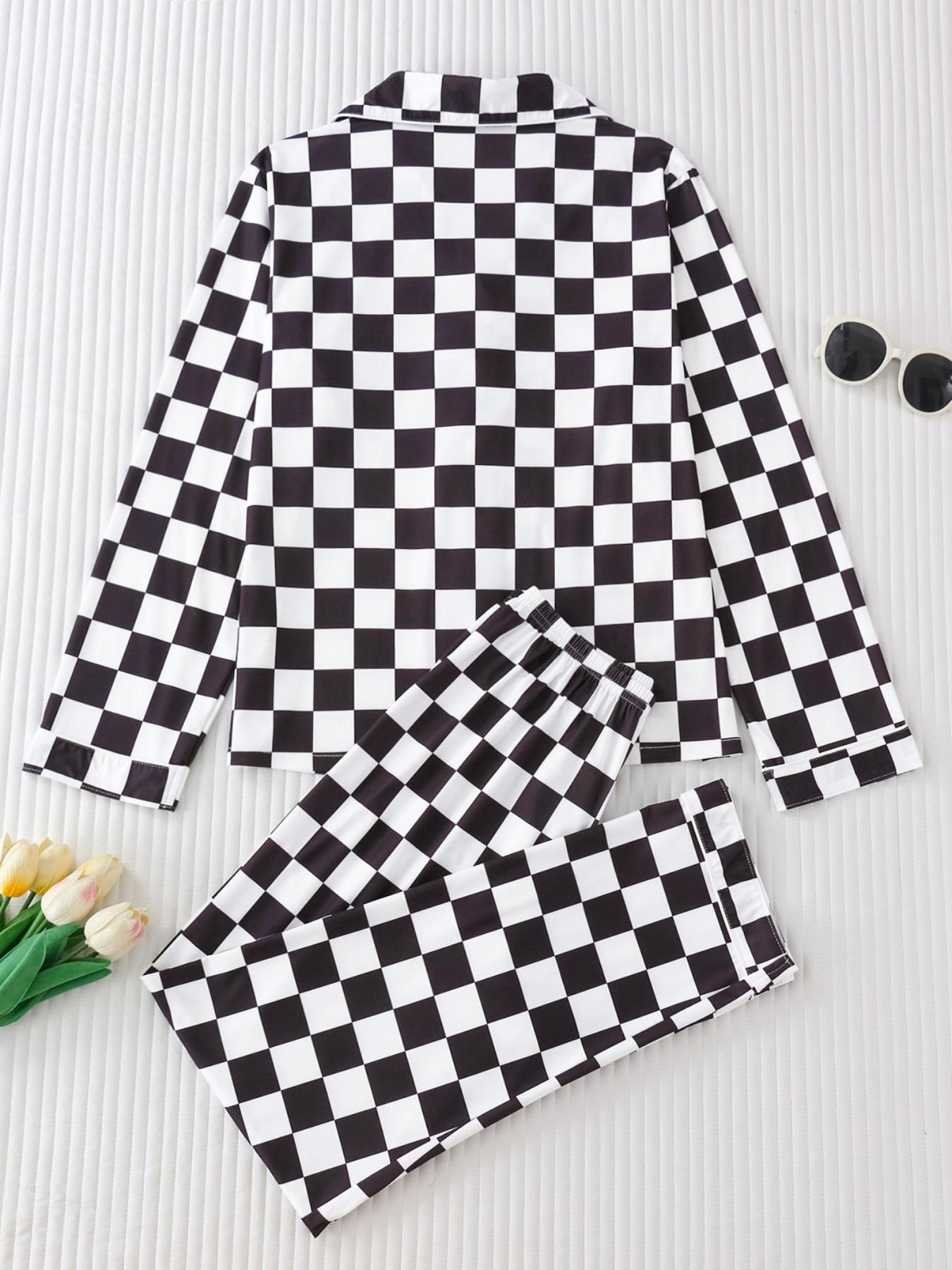 Women's Plaid Print Lapel Neck Button Front Top & Pants Pajama Two-piece Set, Elegant Comfy Long Sleeve Top & Pants Pj Set, Ladies Sleepwear for Spring & Fall, Casual Sleepwear Set