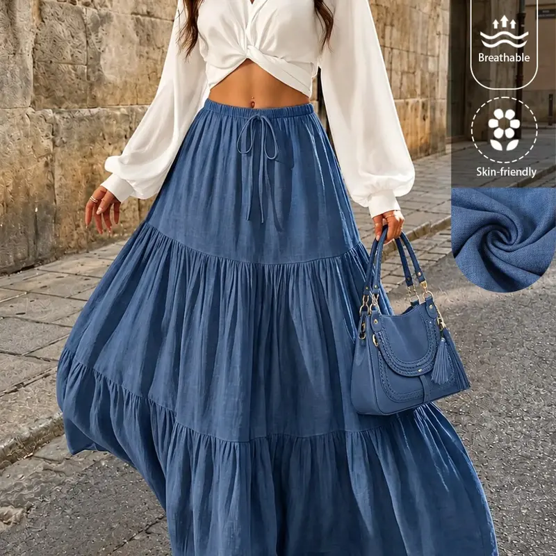 Women's Plus Size Tiered Maxi Layered Skirt Elastic High Waist Adjustable Drawstring Flowy Boho Casual Summer Beach European Vacation Trendy