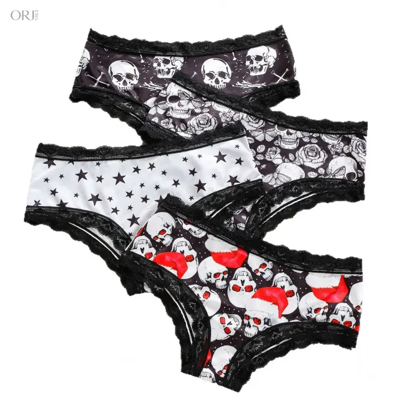 4PCS Women Plus Size Breathable Triangle Panties, Dark Gothic Skull Printed Briefs, Fashion Christmas Pattern Underwear, Sexy Low Rise Intimates, Soft Daily Sleep Bottoms For Holiday Outfit & Casual Wear