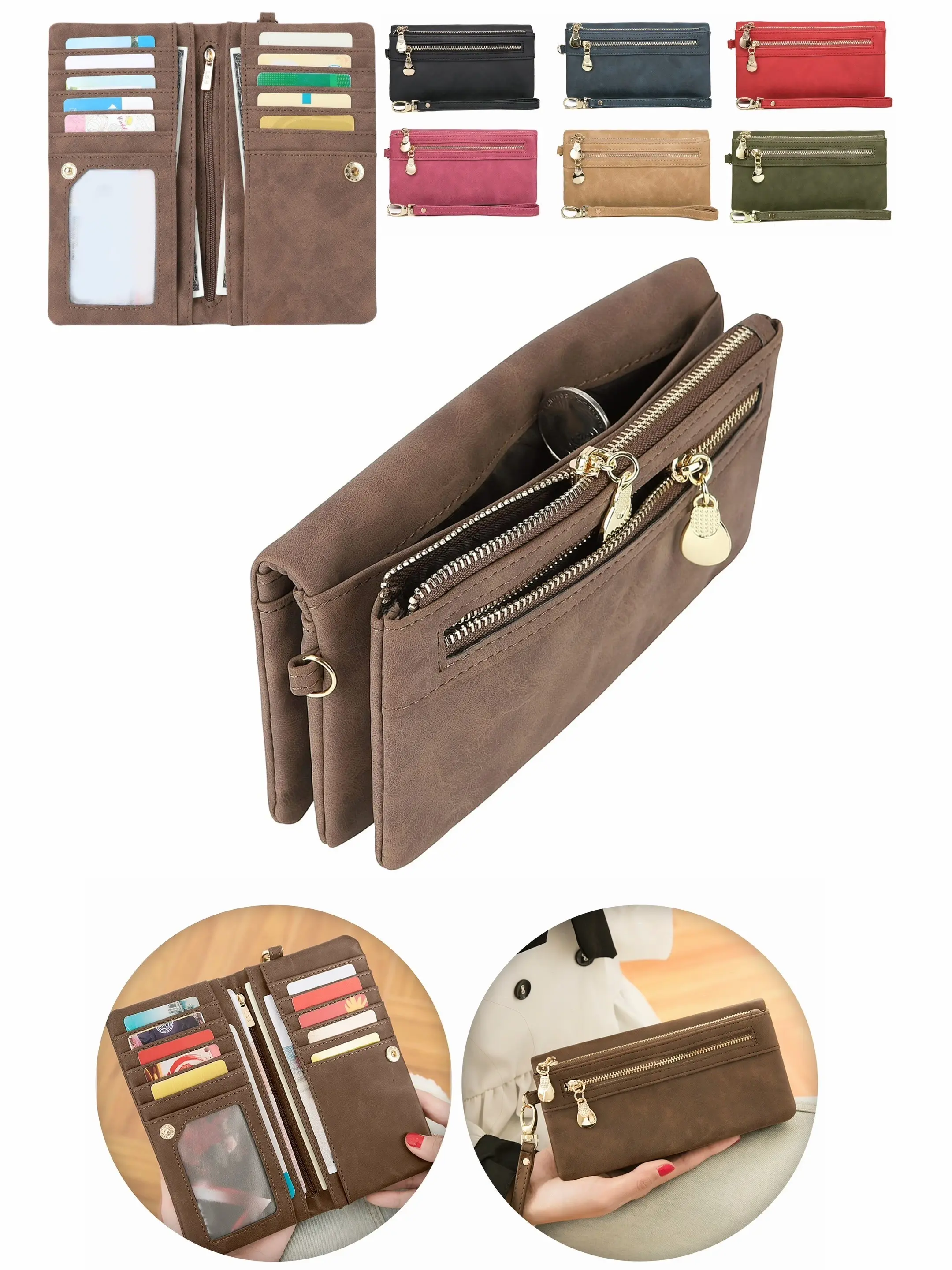 Vintage Women Long Wallet With Wrist Strap, Minimalist Bifold Large Capacity Faux Leather Purse, Bifold Wallets, Zipper Pocket, Card Slots & ID Window, Stylish Daily Handbag, Perfect Gift For Men Women