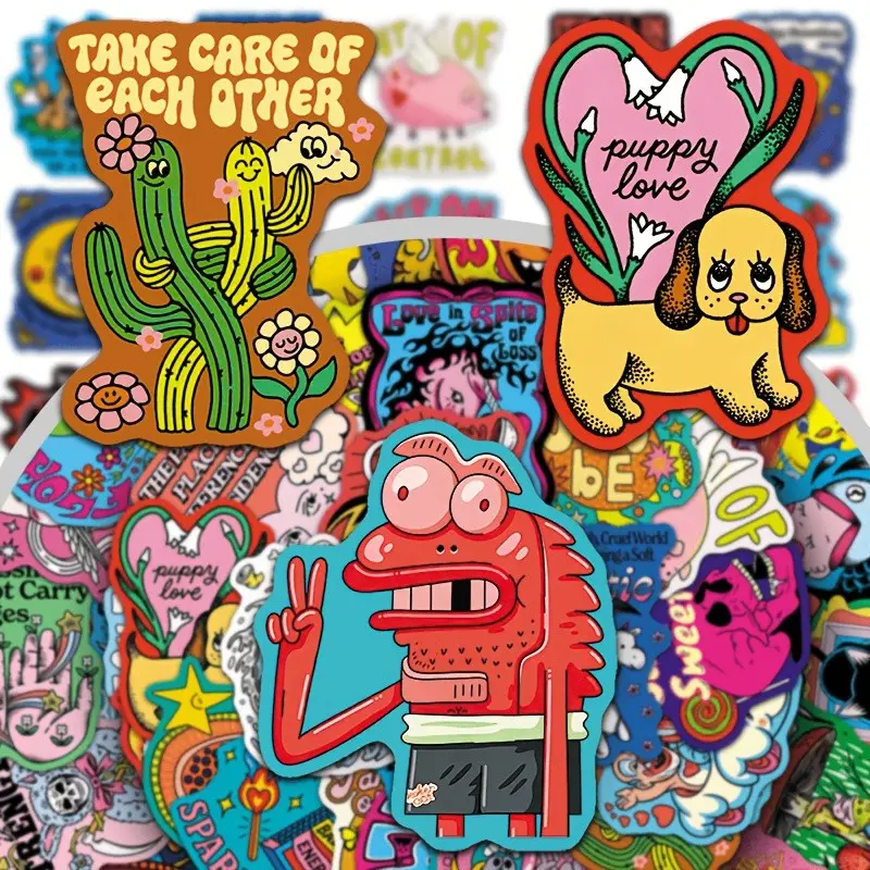 51pcs Vintage Psychedelic Goofy Mood Stickers, Fun Cartoon Grotesque Quote Decals, Suitable for Laptop, Phone, Water Bottle, Suitcase, Refrigerator, Desktop - Holiday Gift | Party Favors