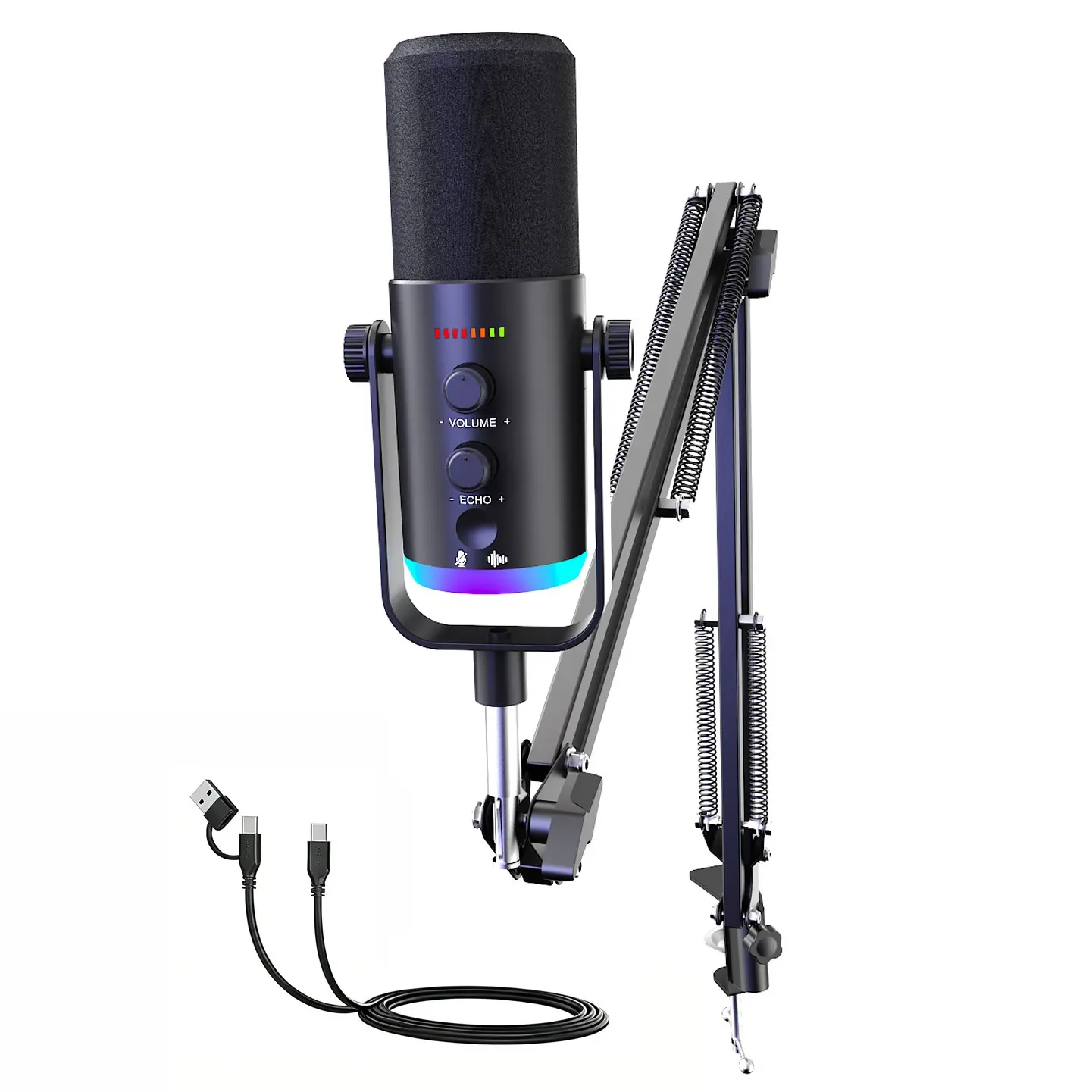 Gaming USB Condenser Microphone, PC Ps4 Ps5 Live Streaming, Arm Stand Pop Filter, RGB Indicator, Mute & Volume Control, Options