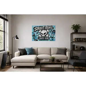 Street Rebel Skate Club Blue Graffiti Canvas Poster, Skull Crossbones Skateboard Wall Art, Edgy Urban Print for Teen Bedroom, Gaming Room, Skate Room Decor, Modern Aesthetic Gift,wall decor,poster.