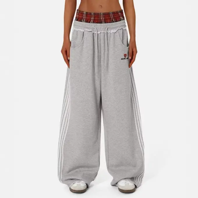 NBGRLVS American Vintage Striped Embroidered Sports Casual Pants Loose Unisex Double Waistband Two Piece Faux Sweatpants High Quality Comfortable Breathable Daily Wear Streetwear Trousers For Men And Women