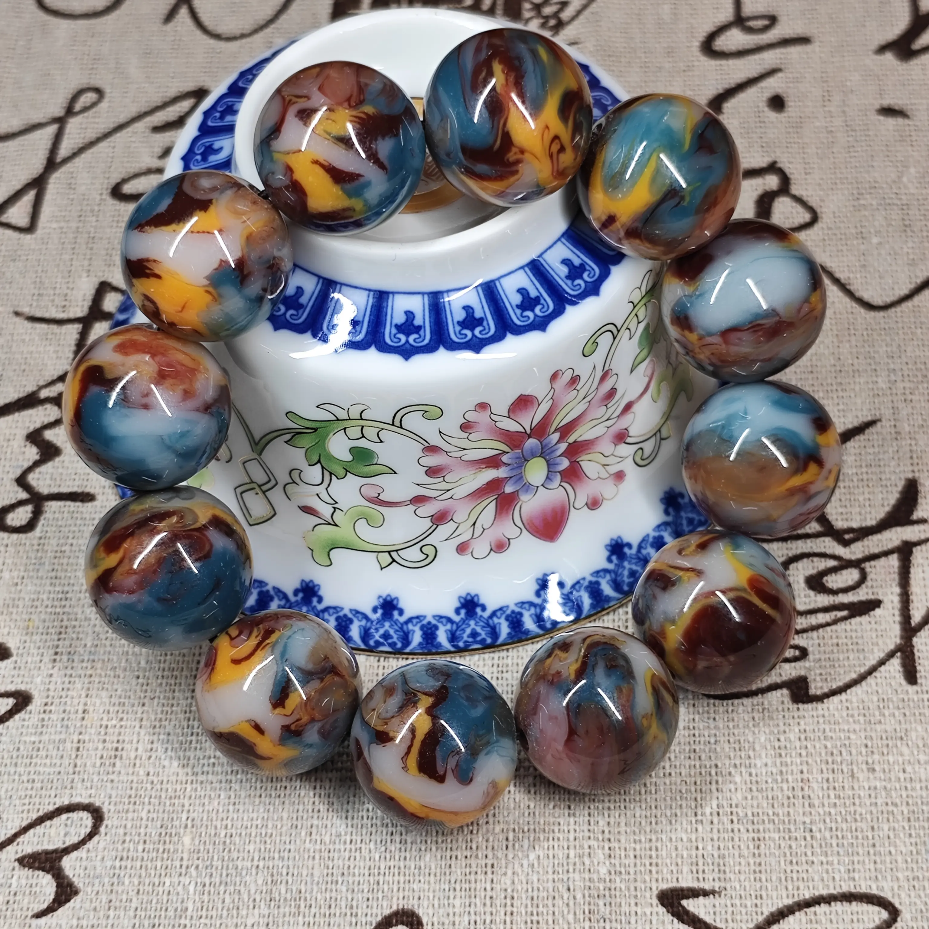 20mm Multicolor Sea Willow Resin Fossil Natural Stone Large Round Bead Stretch Bracelet, Wealth and Nobility Collectible Hand String, Ethnic Style Ornament, Car Pendant, Spring Festival New Year Gift, Lantern Festival Gift, Valentine's Day Gift