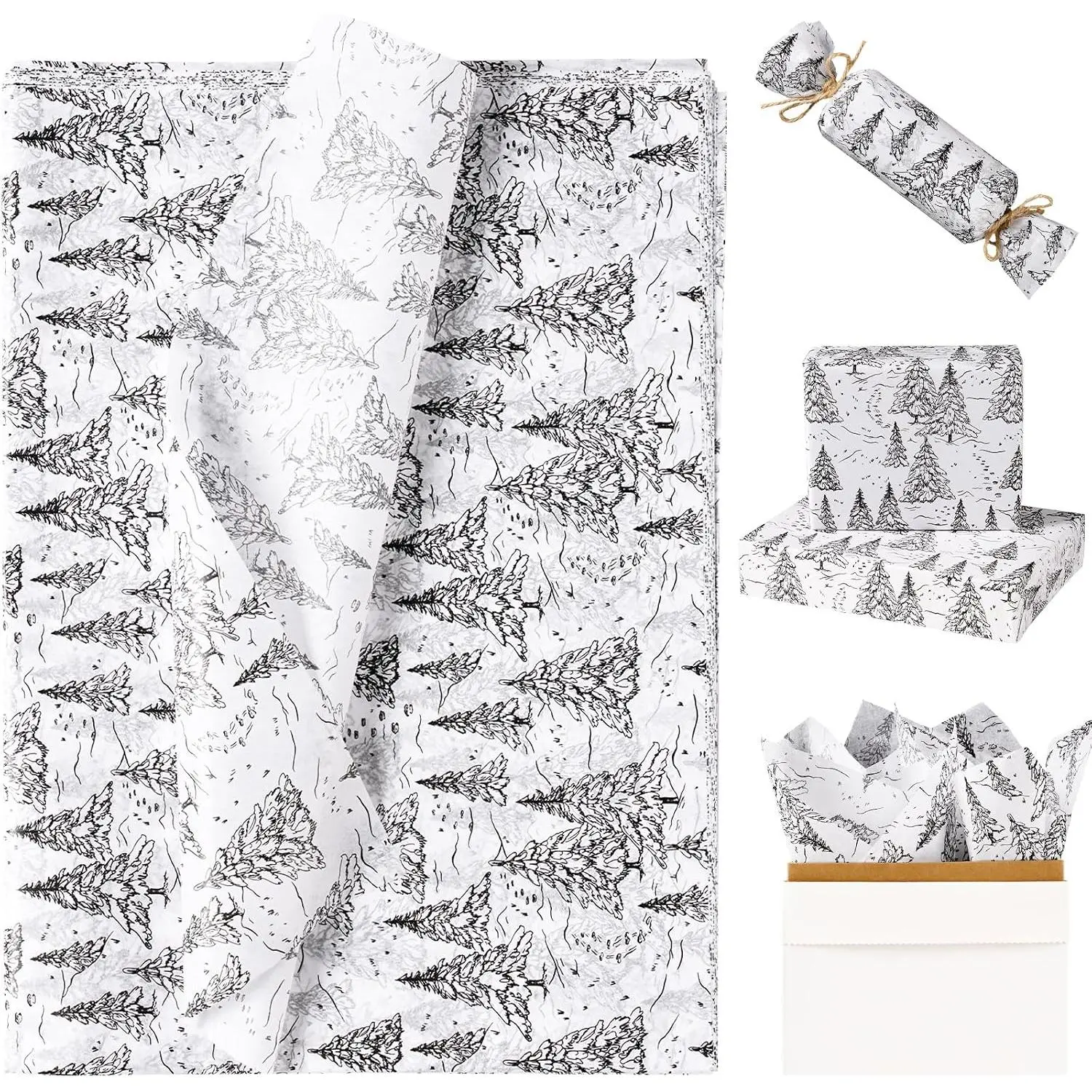 Christmas Tissue Paper, Black  Snowy Pine Tree Design Wrapping Tissue Paper for Holiday  Bags, Packaging, Art Crafts, Winter Wedding Decor, 19.5 x 27.5 inches, 25 Sheets
