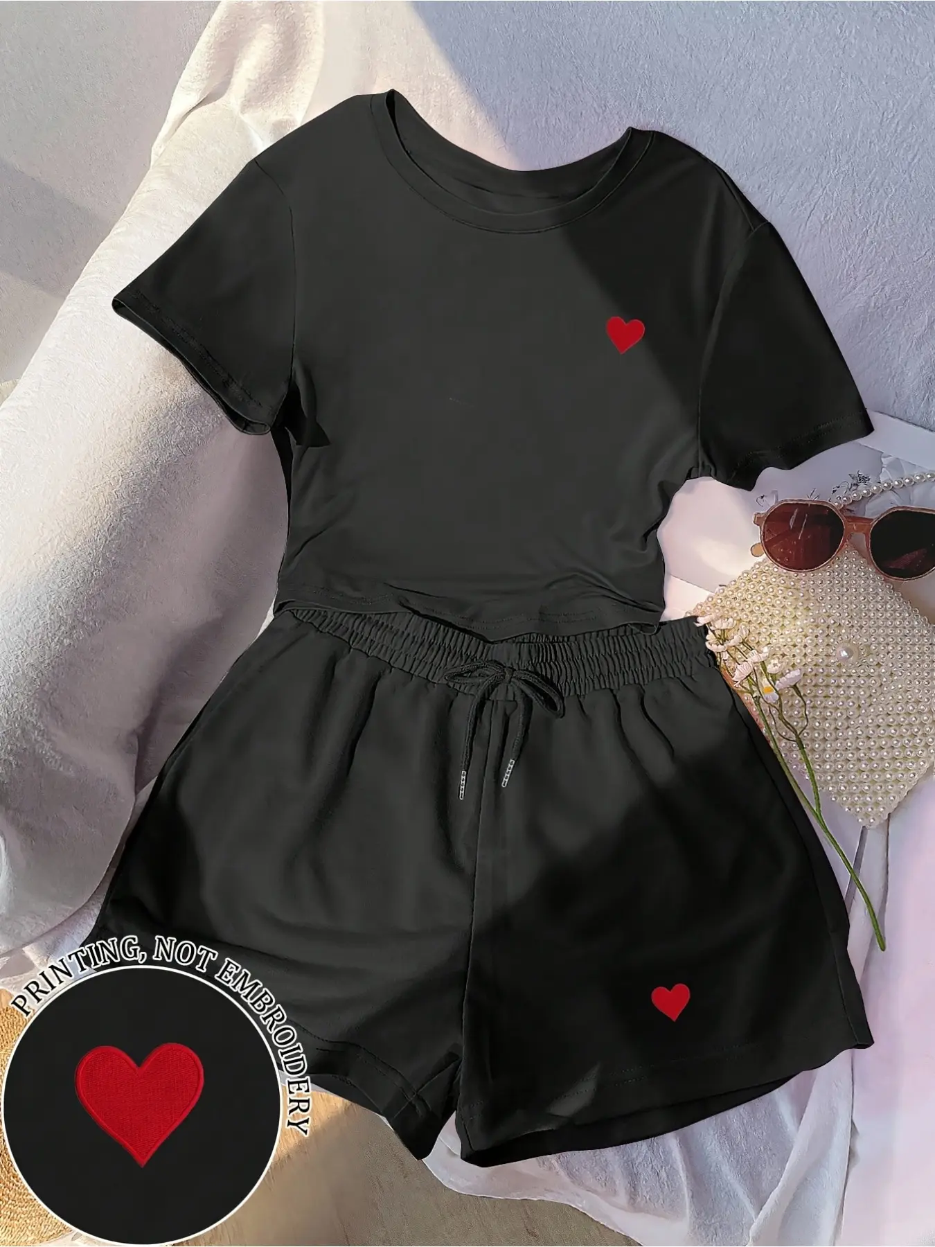 Women's Fashion Heart-Shaped T-Shirt and Elastic Waist Shorts Casual Set