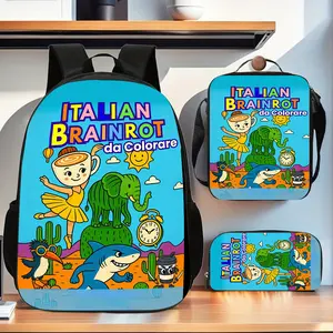 Italian Brainrot Animal Cartoon Backpack Three-Piece Set: Skin-friendly Oxford backpack with lunch bag and pencil case, suitable for daily commuting and casual outings