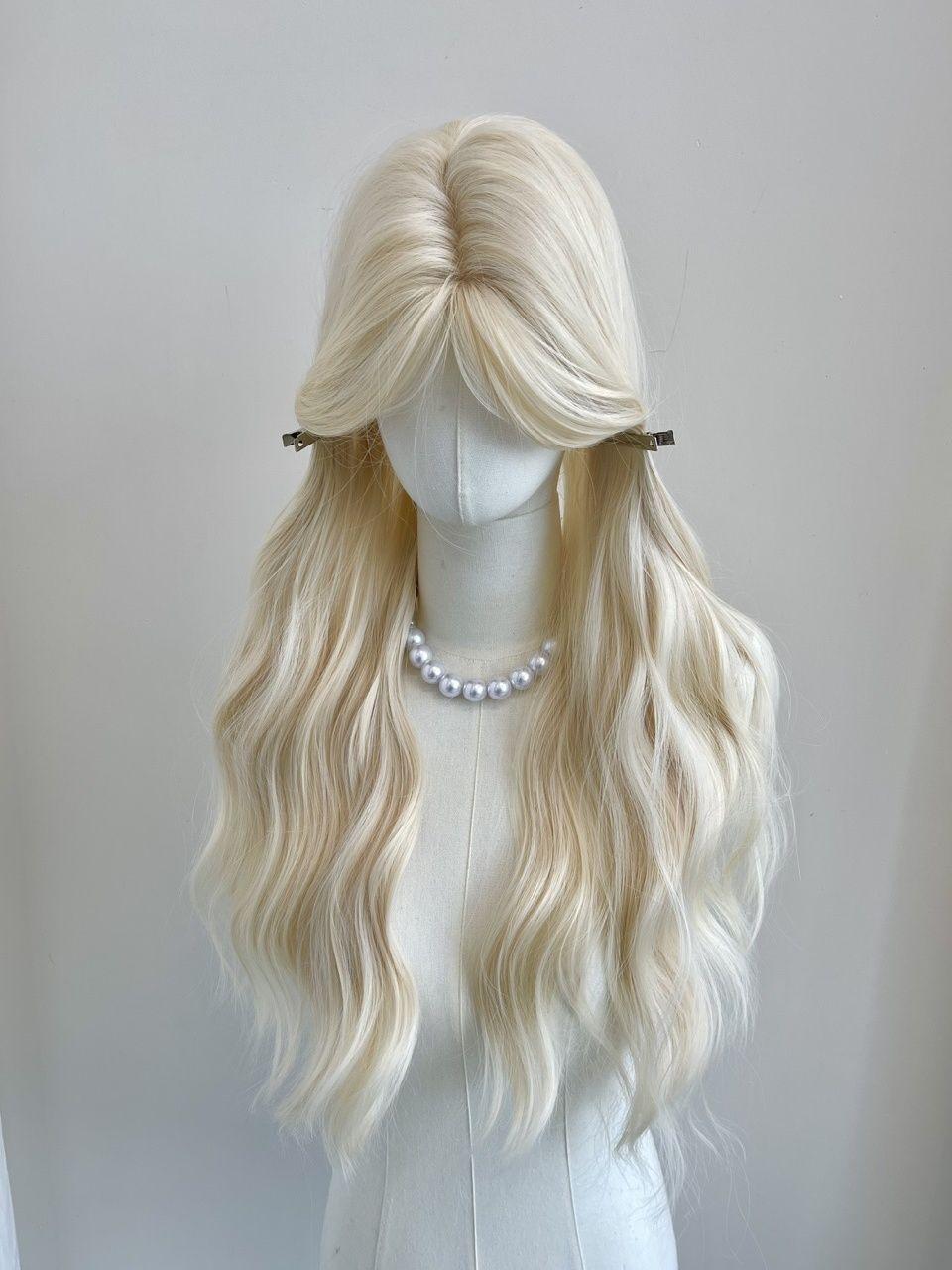 Women's Full Cap Platinum Blonde Long Curly Wig  Natural Middle Part Curtain Bangs, Water Wave Invisible Lace Front Wig