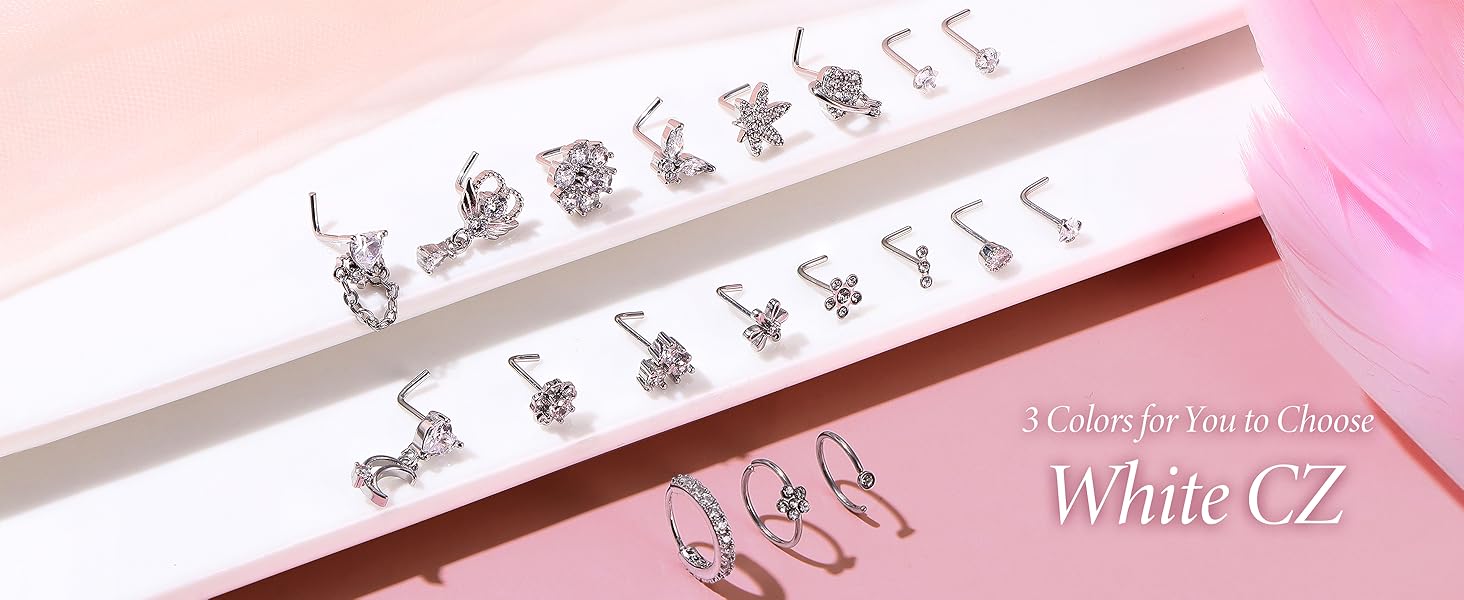 Trendy Summer Nose Rings L Shaped  Hypoallergenic Stainless Steel Nose Ring-Dangle CZ Butterfly Flower Nose Studs Hoops Piercings Jewelry Gift for Women Men 20G Pink/Blue/Clear